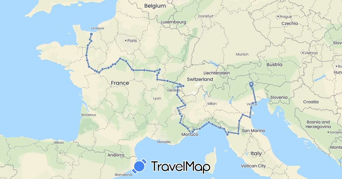 TravelMap itinerary: driving, cycling in Switzerland, France, Italy (Europe)